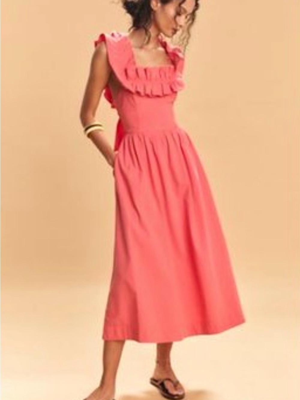 Free People Coral Pink Ruffle-Trim Midi Dress